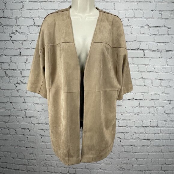 Chicos Faux Suede Brown Open Cardigan Pocketed 1/2 Sleeve Size 1P (US 8P) - Picture 1 of 8